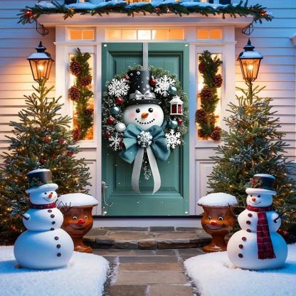 1pc 2D Flat Door Cover Door Curtain, Winter Christmas Snowman Door Hanging, 35.4x70.8 inches, Polyester Christmas Wreath Flat Pattern, Classic Style, Indoor and Outdoor Holiday Decoration, Snowman Flat Print Door Curtain, Not 3D Wreath