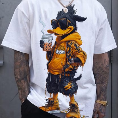 1 Men's Cool Duck Print Shirt, Casual Crew Neck Short Sleeve, Summer Knit Cotton T-Shirt, Slight Stretch, Formal Jacket