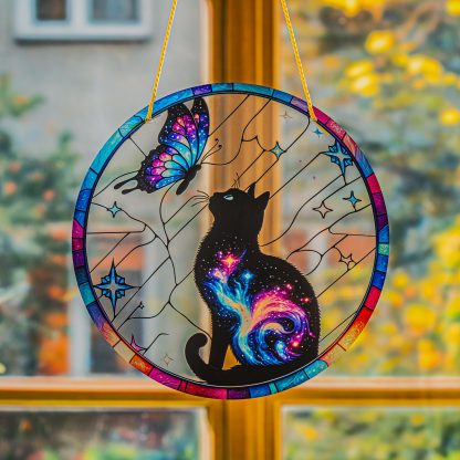 1pc, 2D Flat Acrylic for Galaxy Cat and Butterfly Sun Catcher Window Hanging, Hanging Decorations (8" x 8"), Indoor Outdoor Decorative Wall Art Decor for Porch Patio Garden Yard Office, Birthday Gift, Perfect Gift Home Decor for Friends and Family