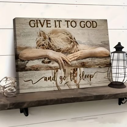 1pc framed painting sleeping girl give it to God and go to sleep canvas poster and print wall art picture with frame for living room and bedroom, home decor, holiday gift for her/him, ready to hang