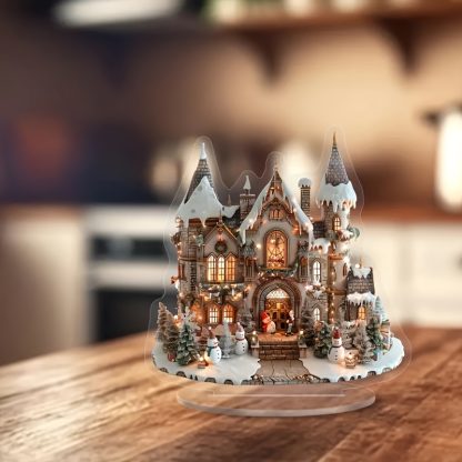 1 classic 2D flat acrylic Christmas village scene decoration - snowflake designed gingerbread house with LED lights, tabletop display, no power required, no feathers, suitable for home and porch decoration, holiday gift with stand