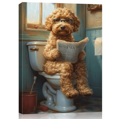 1 piece of quirky wood frame canvas wall art, print of a funny dog ​​sitting on the toilet reading a newspaper, humorous animal bathroom decor, ready-made hanging painting for the bathroom, unique gift for dog lovers