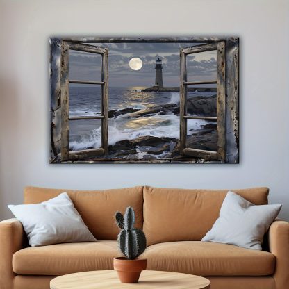 A wood framed painting depicting a modern coastal lighthouse and beach scene suitable for use as decorative art in living rooms, bedrooms and bathrooms.