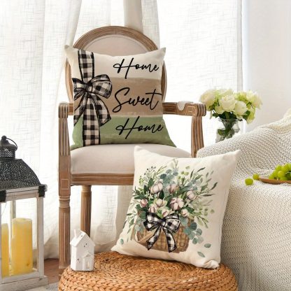 4pcs/set Rustic Linen Cushion Covers, Sweet Home Farm Style Eucalyptus Leaves Cushion Covers, Botanical Square Cushion Covers, Living Room Bedroom Sofa Decorative Cushion Covers, Home Party Decor Single Side Printing, Cushion Core Not Included